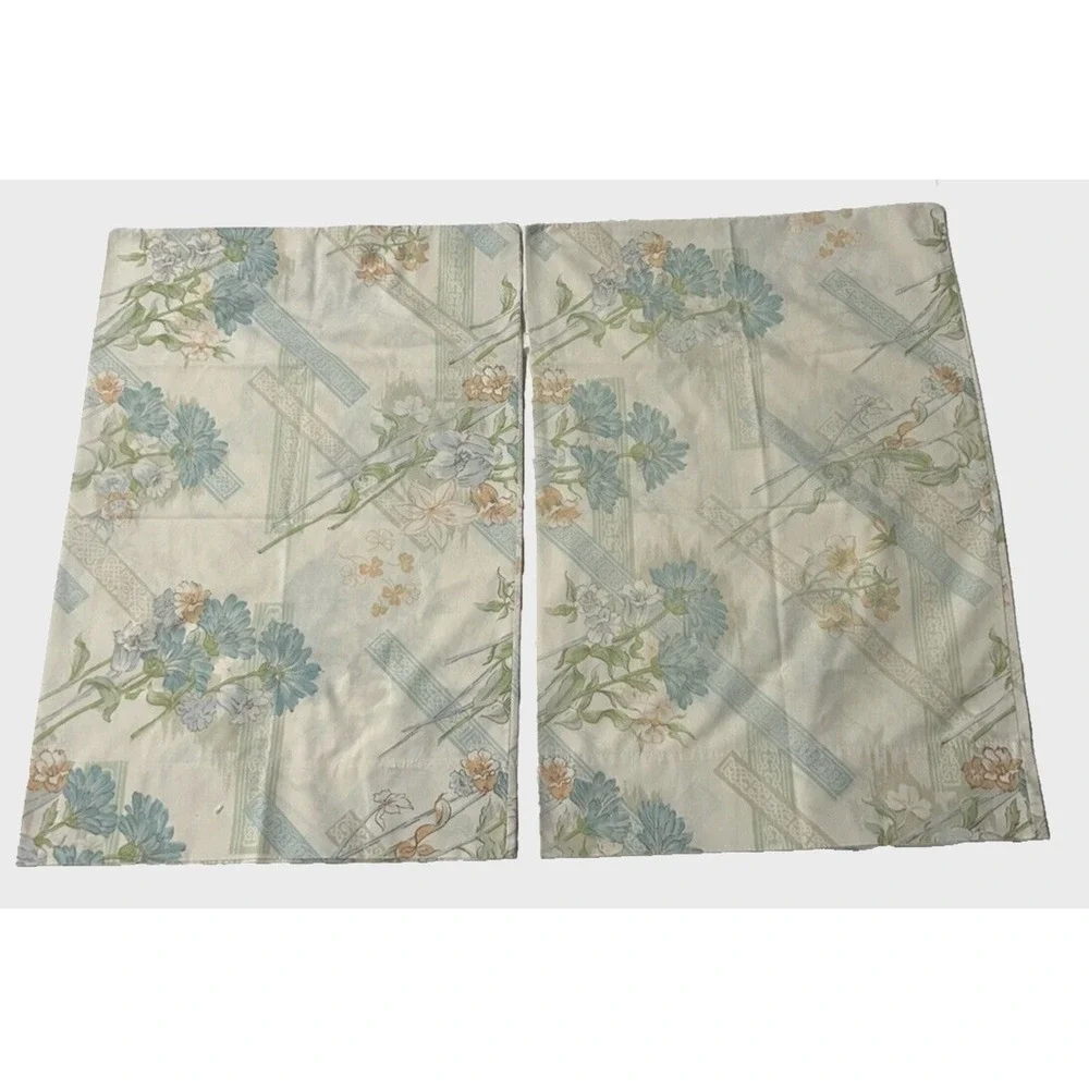 Vintage Pillowcase Patterned Blue‎ Floral Cottage Core Granny Chic MCM SET OF 2
